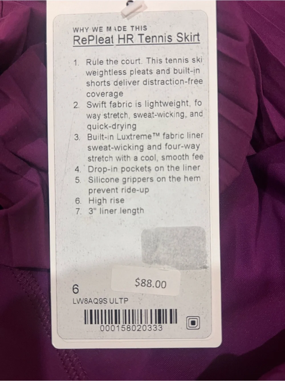 lululemon athletica Repleat HR Tennis Skirt Color ULTP Size 6